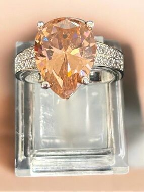 Orange Teardrop Solitaire Ring with Pave Band